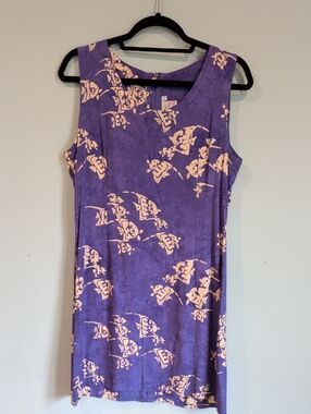 Far Away Purple Rayon Shift Dress with Cream Print L